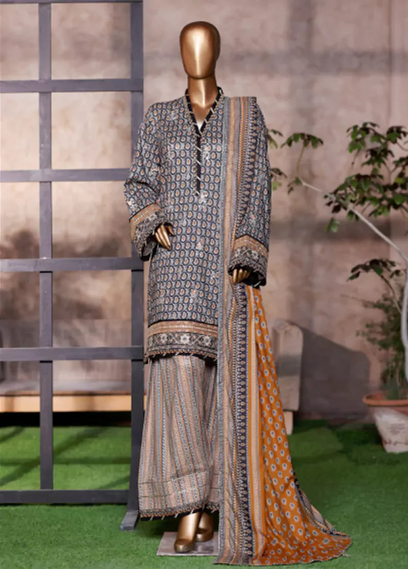 WCEMB-2523-F- 3 Piece Embroidered Cotton Stitched Suit