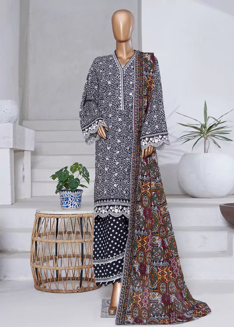 WCEMB-2525-F- 3 Piece Embroidered Cotton Stitched Suit