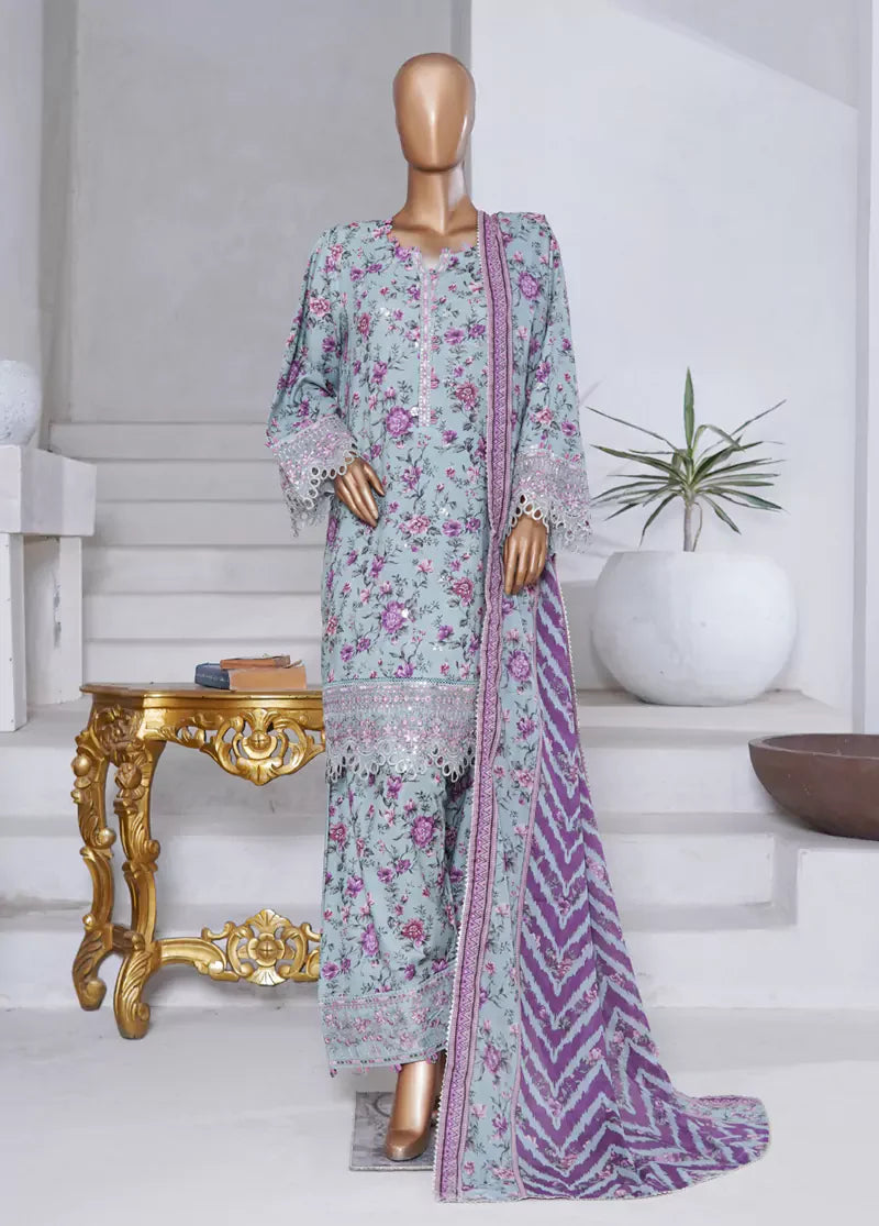 WCEMB-2532-F- 3 Piece Embroidered Cotton Stitched Suit
