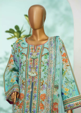 3 Piece Aqua Blue Color Embroidered Lawn Shirt with Farshi Trouser & Embroidered Dupatta