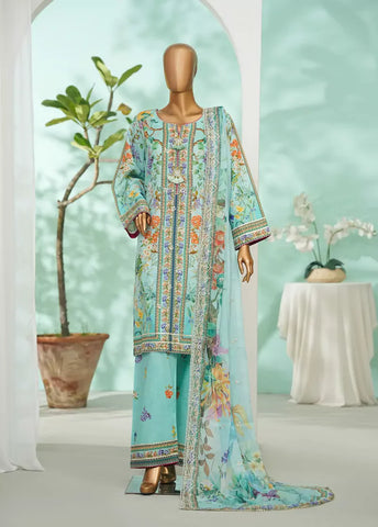 3 Piece Aqua Blue Color Embroidered Lawn Shirt with Farshi Trouser & Embroidered Dupatta