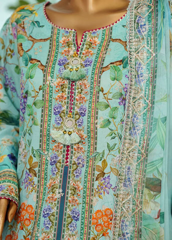 3 Piece Aqua Blue Color Embroidered Lawn Shirt with Farshi Trouser & Embroidered Dupatta