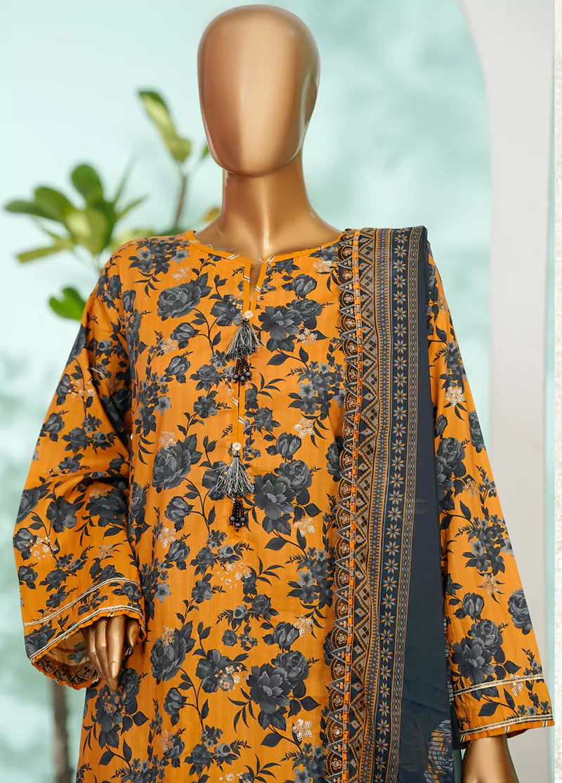 3 Piece Orange Color Embroidered Lawn Shirt with Farshi Trouser & Embroidered Dupatta