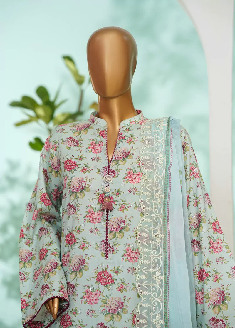 3 Piece Light Blue Color Embroidered Lawn Shirt with Farshi Trouser & Embroidered Dupatta