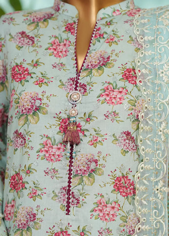 3 Piece Light Blue Color Embroidered Lawn Shirt with Farshi Trouser & Embroidered Dupatta