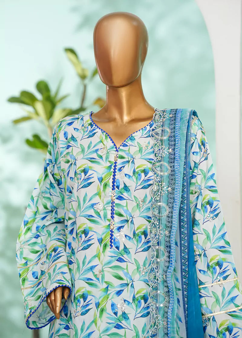 3 Piece Blue Color Embroidered Lawn Shirt with Farshi Trouser & Embroidered Dupatta