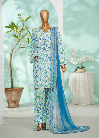 3 Piece Blue Color Embroidered Lawn Shirt with Farshi Trouser & Embroidered Dupatta