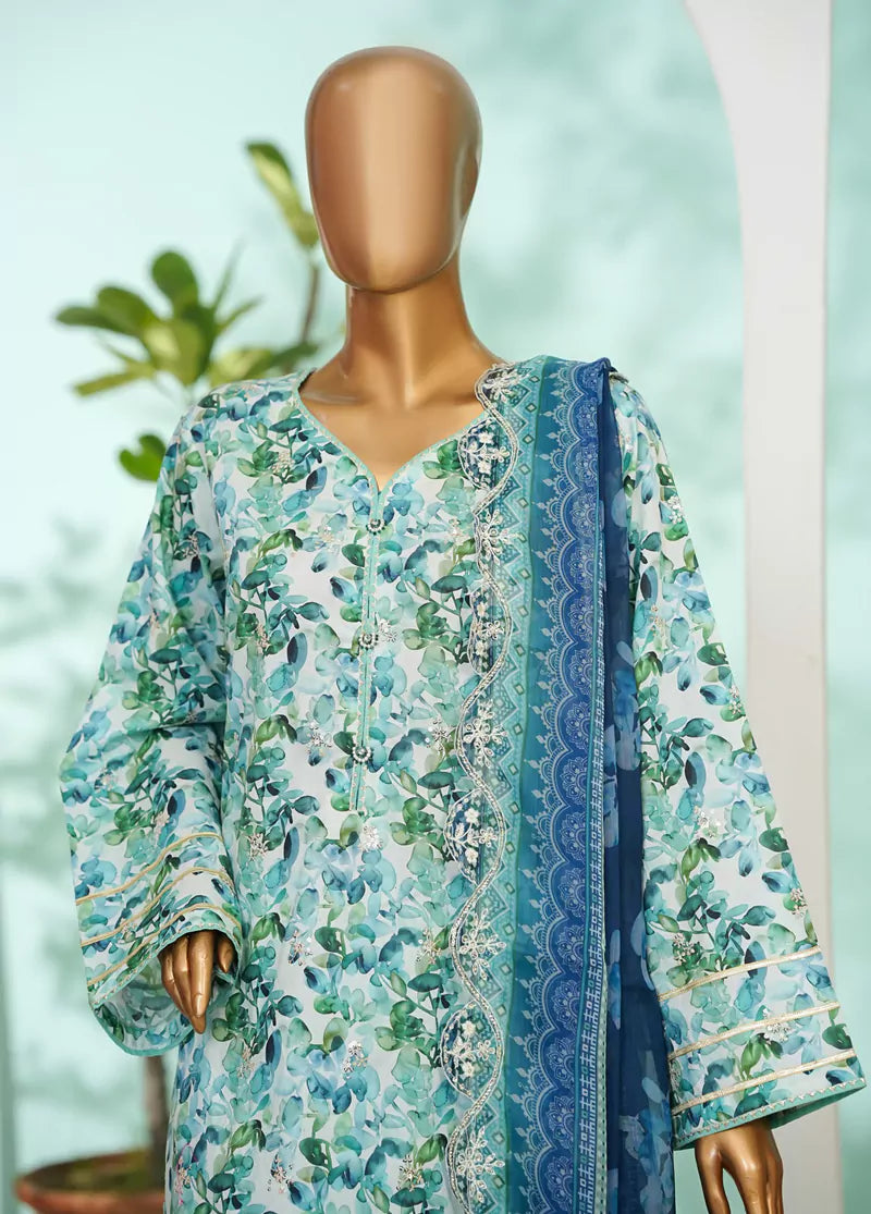 3 Piece Blue Color Embroidered Lawn Shirt with Farshi Trouser & Embroidered Dupatta