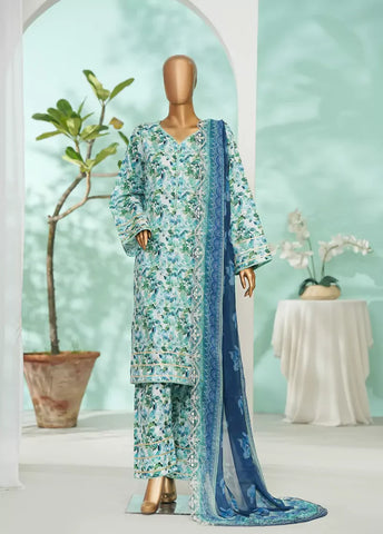 3 Piece Blue Color Embroidered Lawn Shirt with Farshi Trouser & Embroidered Dupatta