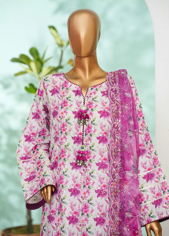 3 Piece Pink Color Embroidered Lawn Shirt with Farshi Trouser & Embroidered Dupatta