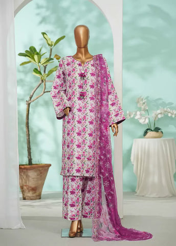 3 Piece Pink Color Embroidered Lawn Shirt with Farshi Trouser & Embroidered Dupatta