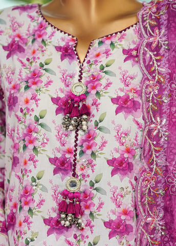 3 Piece Pink Color Embroidered Lawn Shirt with Farshi Trouser & Embroidered Dupatta