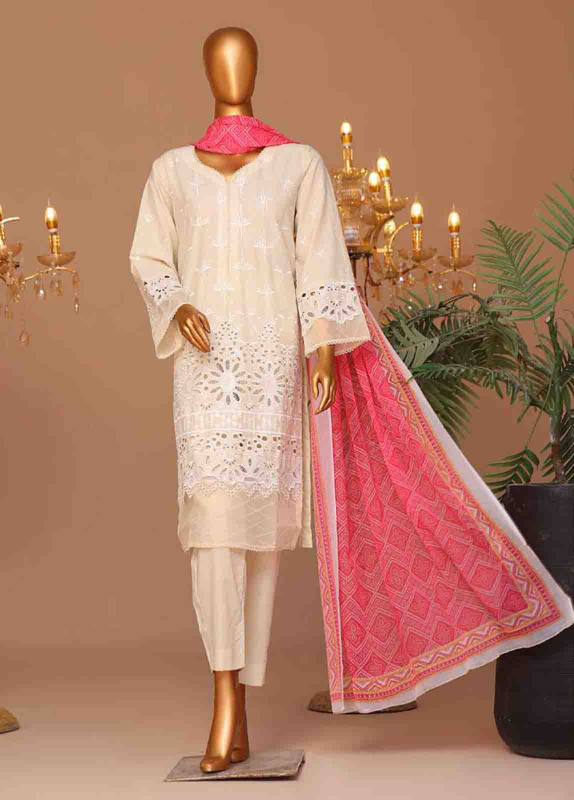 Bin Saeed Fabric - WCTF-012-R-3 Piece Chikankari Stitched Suit
