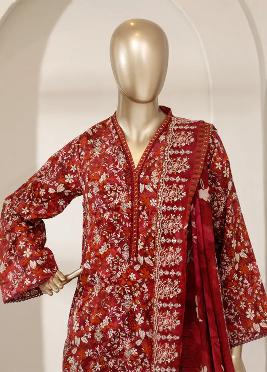 3 Piece Red Color Embroidered Lawn Shirt with Trouser & Embroidered Dupatta