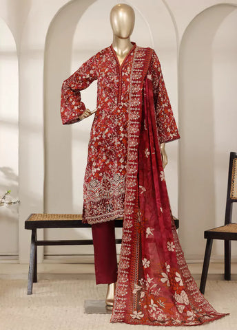 3 Piece Red Color Embroidered Lawn Shirt with Trouser & Embroidered Dupatta