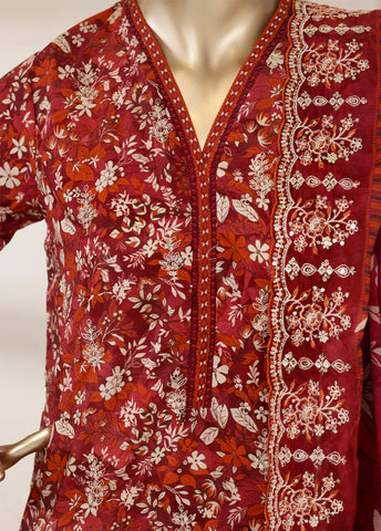 3 Piece Red Color Embroidered Lawn Shirt with Trouser & Embroidered Dupatta