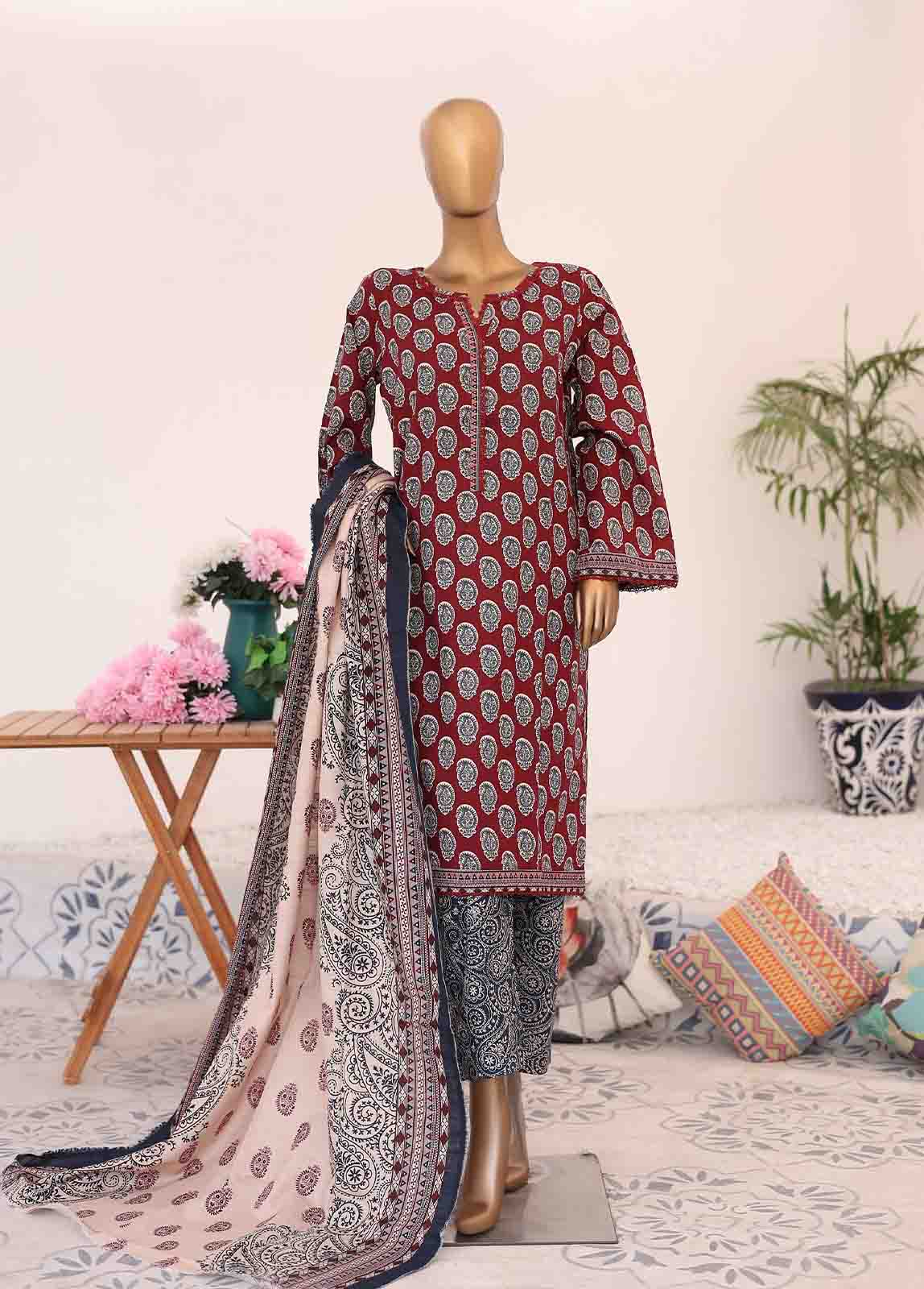 Bin Saeed Fabric - WK-009-3 Piece Khaddar Printed Suit