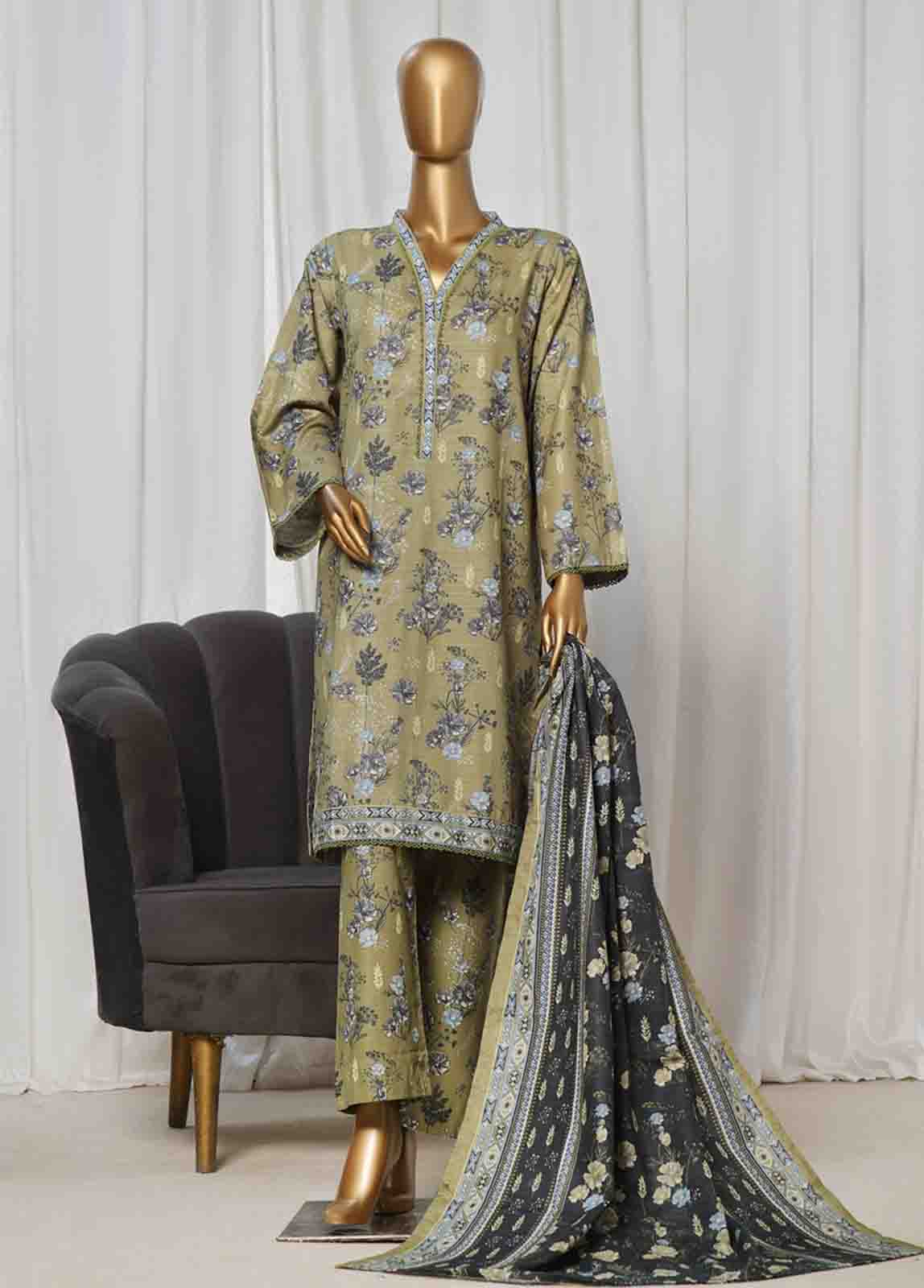 Bin Saeed Fabric - WK-010 -3 Piece Khaddar Printed Suit
