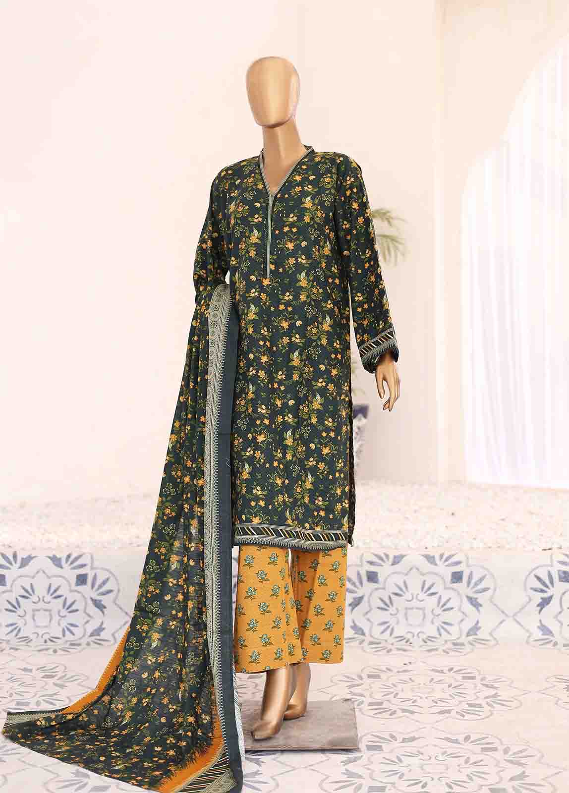 Bin Saeed Fabric - WK-070-3 Piece Khaddar Printed Suit