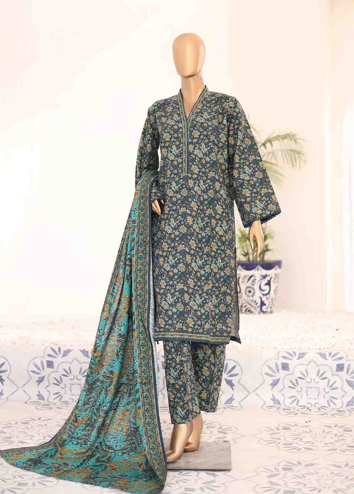 Bin Saeed Fabric - WK-074-3 Piece Khaddar Printed Suit