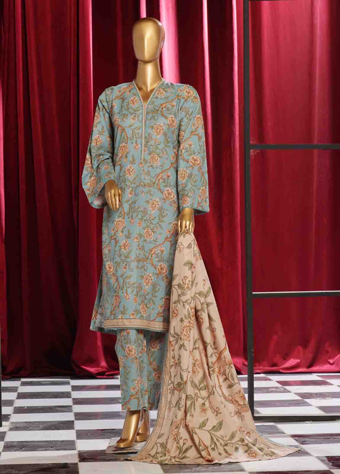 Bin Saeed Fabric - WK-082 B-3 Piece Khaddar Printed Suit