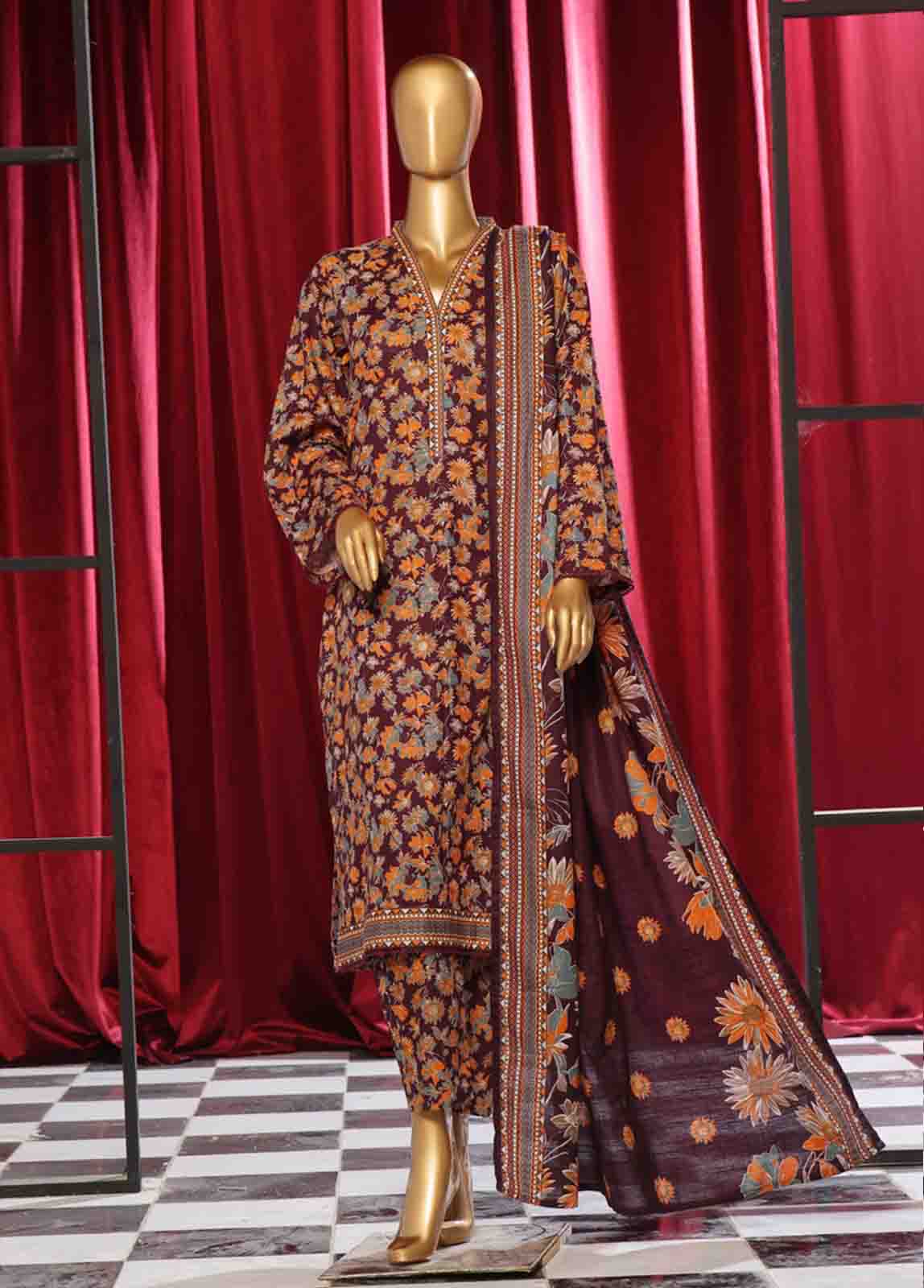 Bin Saeed Fabric - WK-084 B-3 Piece Khaddar Printed Suit