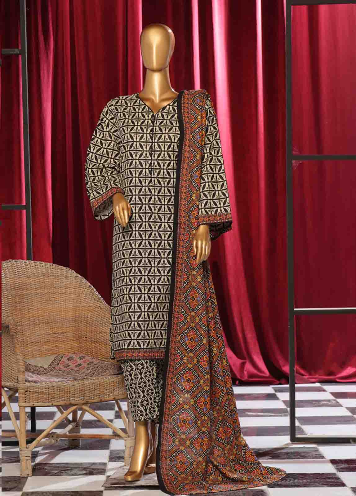 Bin Saeed Fabric - WK-087 B-3 Piece Khaddar Printed Suit