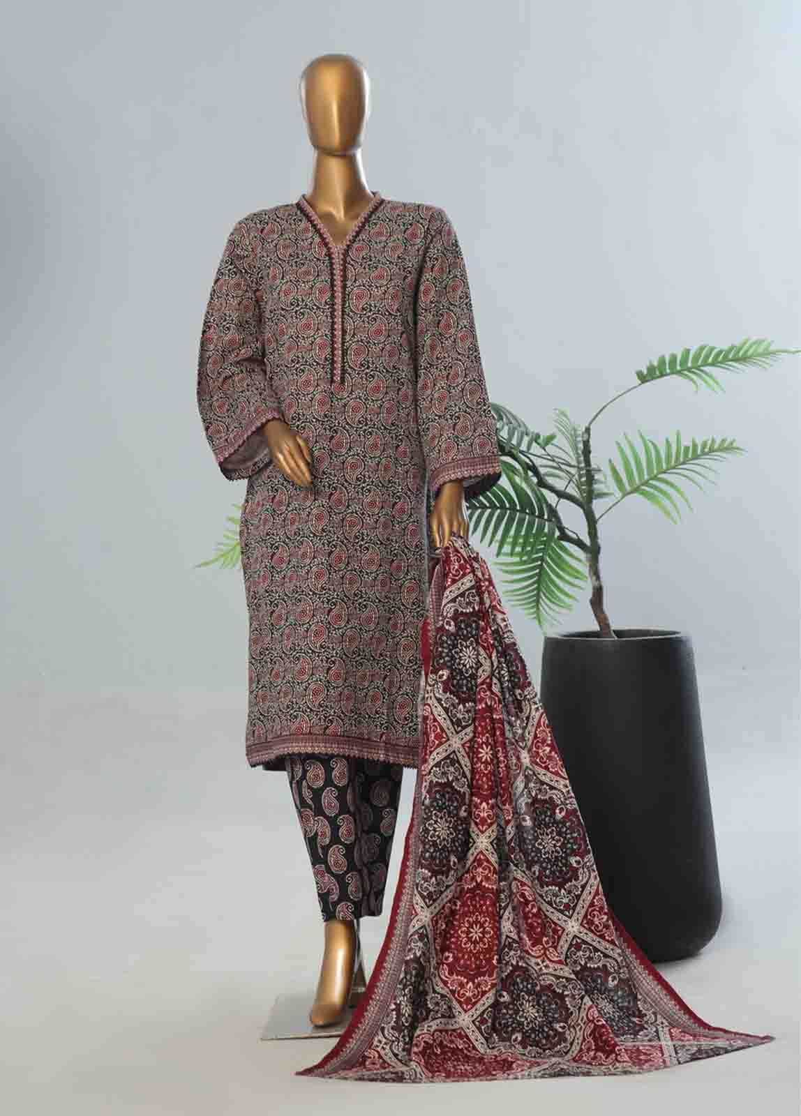 Bin Saeed Fabric - WK-089 B-3 Piece Khaddar Printed Suit