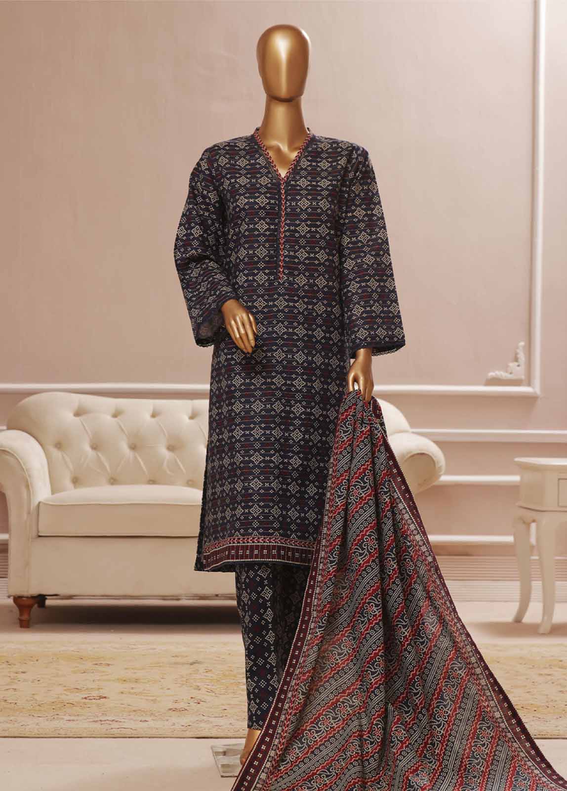 Bin Saeed Fabric - WK-099 R-3 Piece Khaddar Printed Suit