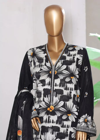 3 Piece Printed Black & White Khaddar Shirt with Trouser & Dupatta