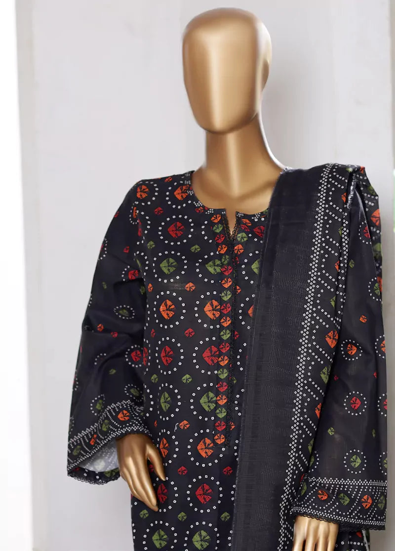 3 Piece Printed Black Khaddar Shirt with Trouser & Dupatta