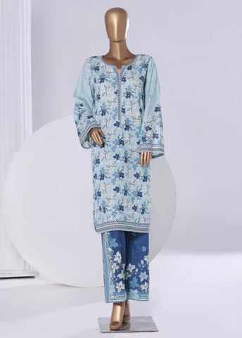 2 Piece Printed Blue Khaddar Shirt & Trouser