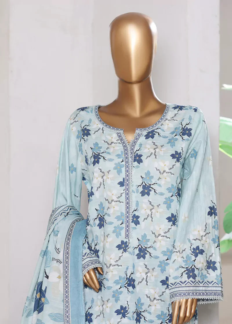 3 Piece Printed Blue Khaddar Shirt with Trouser & Dupatta