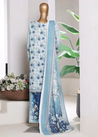 3 Piece Printed Blue Khaddar Shirt with Trouser & Dupatta