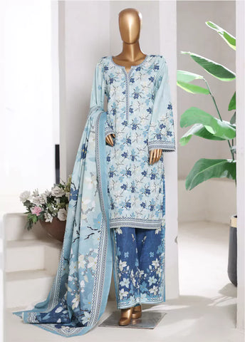 3 Piece Printed Blue Khaddar Shirt with Trouser & Dupatta