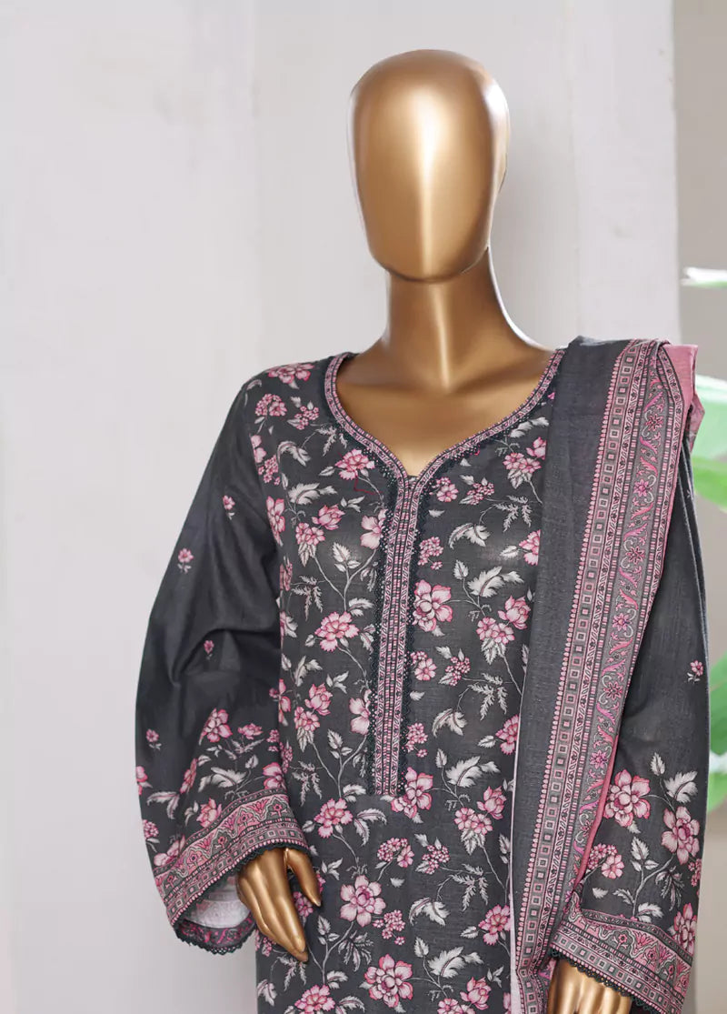 3 Piece Printed Dark Grey & Pink Khaddar Shirt with Trouser & Dupatta