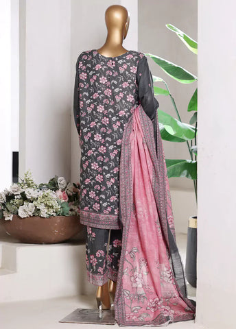 3 Piece Printed Dark Grey & Pink Khaddar Shirt with Trouser & Dupatta