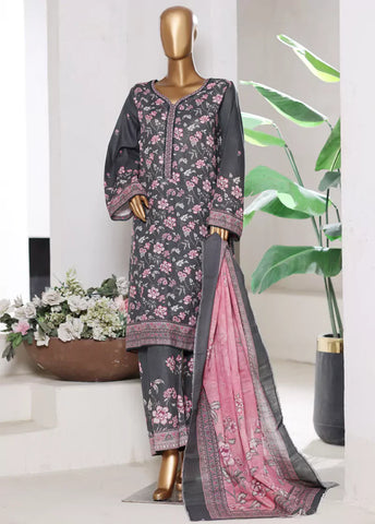 3 Piece Printed Dark Grey & Pink Khaddar Shirt with Trouser & Dupatta