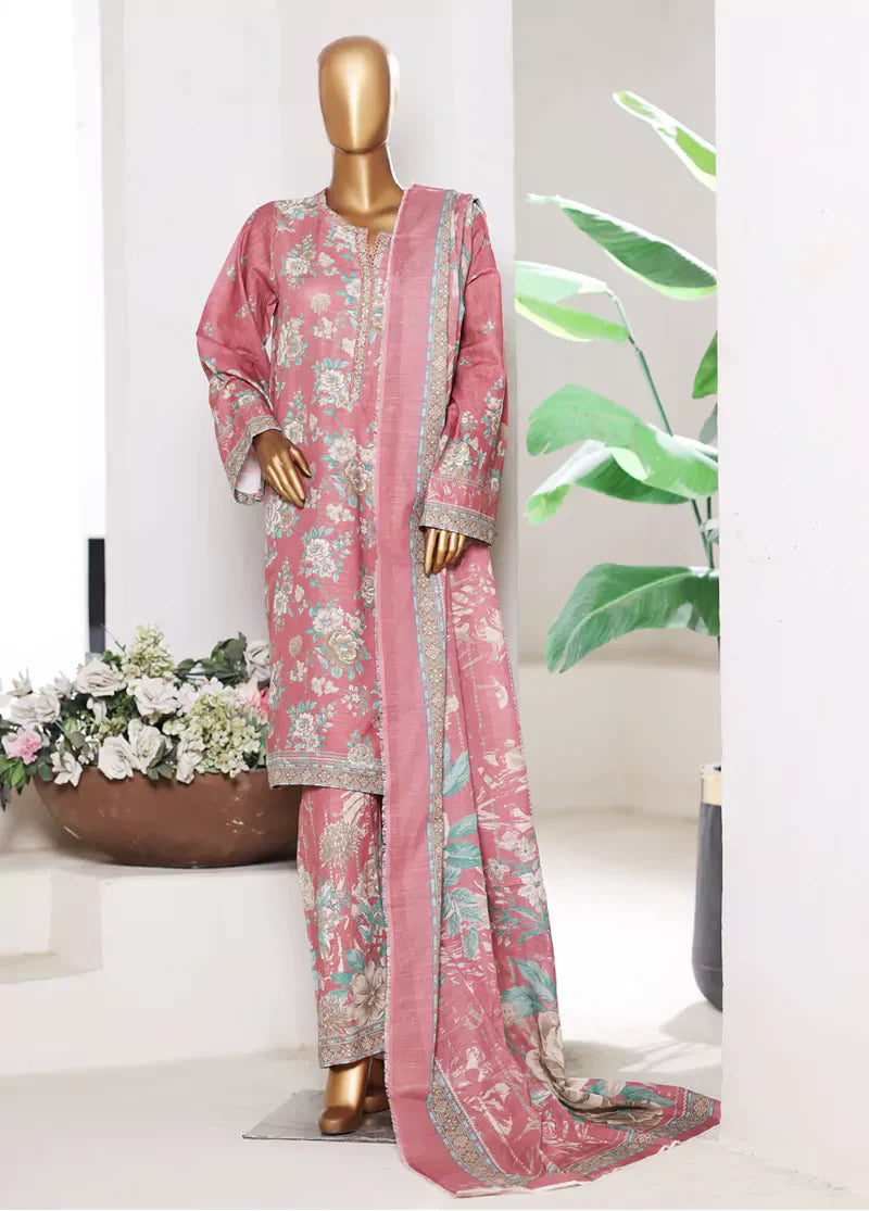 3 Piece Printed Salmon Pink Khaddar Shirt with Trouser & Dupatta
