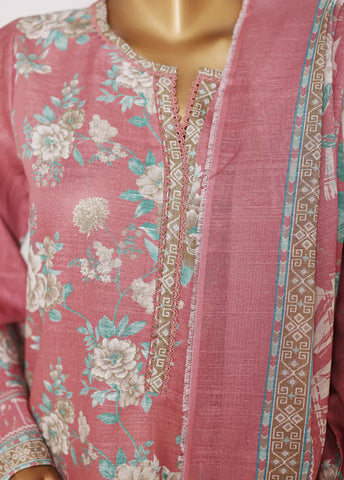 3 Piece Printed Salmon Pink Khaddar Shirt with Trouser & Dupatta