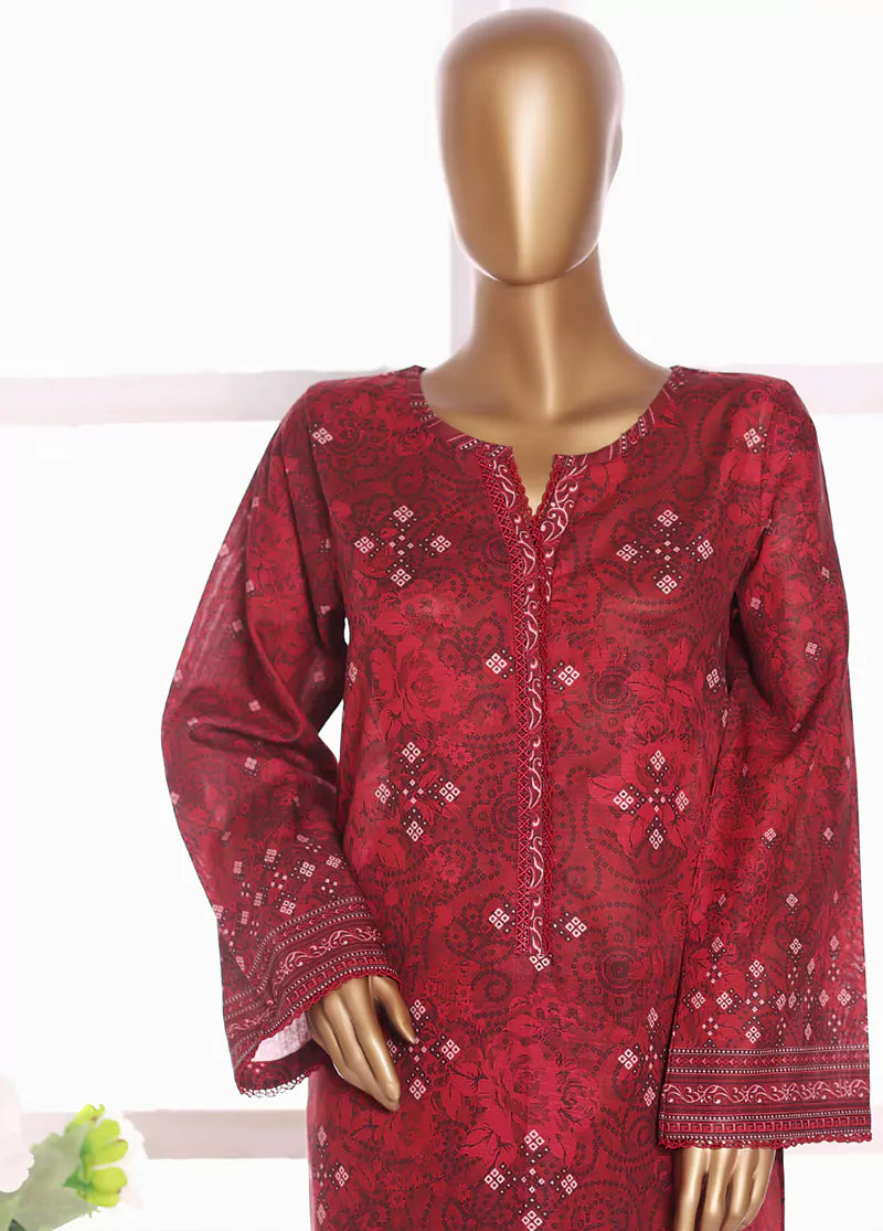 2 Piece Printed Red Khaddar Shirt & Trouser