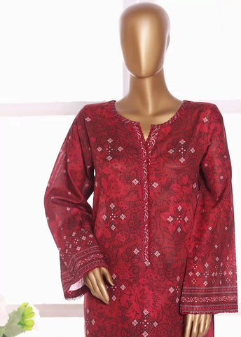 2 Piece Printed Red Khaddar Shirt & Trouser