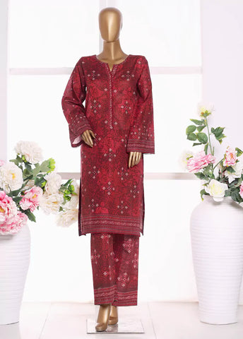 2 Piece Printed Red Khaddar Shirt & Trouser
