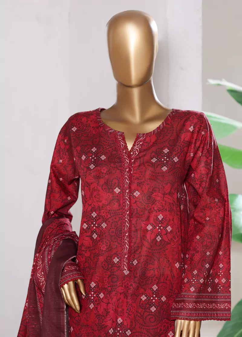 3 Piece Printed Red Khaddar Shirt with Trouser & Dupatta