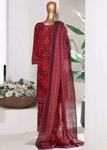 3 Piece Printed Red Khaddar Shirt with Trouser & Dupatta