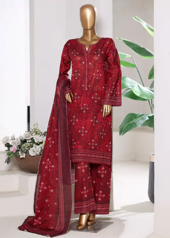 3 Piece Printed Red Khaddar Shirt with Trouser & Dupatta