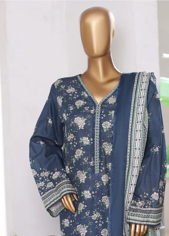 3 Piece Printed Navy Blue Khaddar Shirt with Trouser & Dupatta