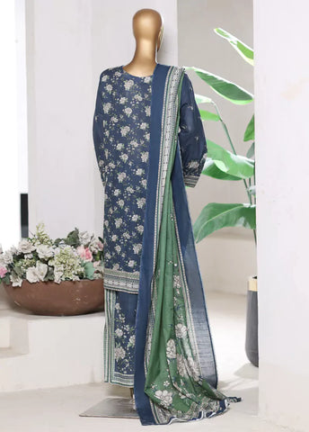 3 Piece Printed Navy Blue Khaddar Shirt with Trouser & Dupatta