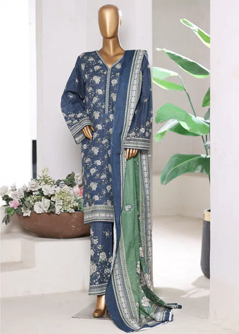 3 Piece Printed Navy Blue Khaddar Shirt with Trouser & Dupatta