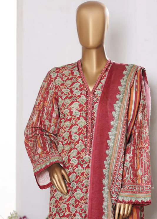 3 Piece Printed Red Khaddar Shirt with Trouser & Dupatta